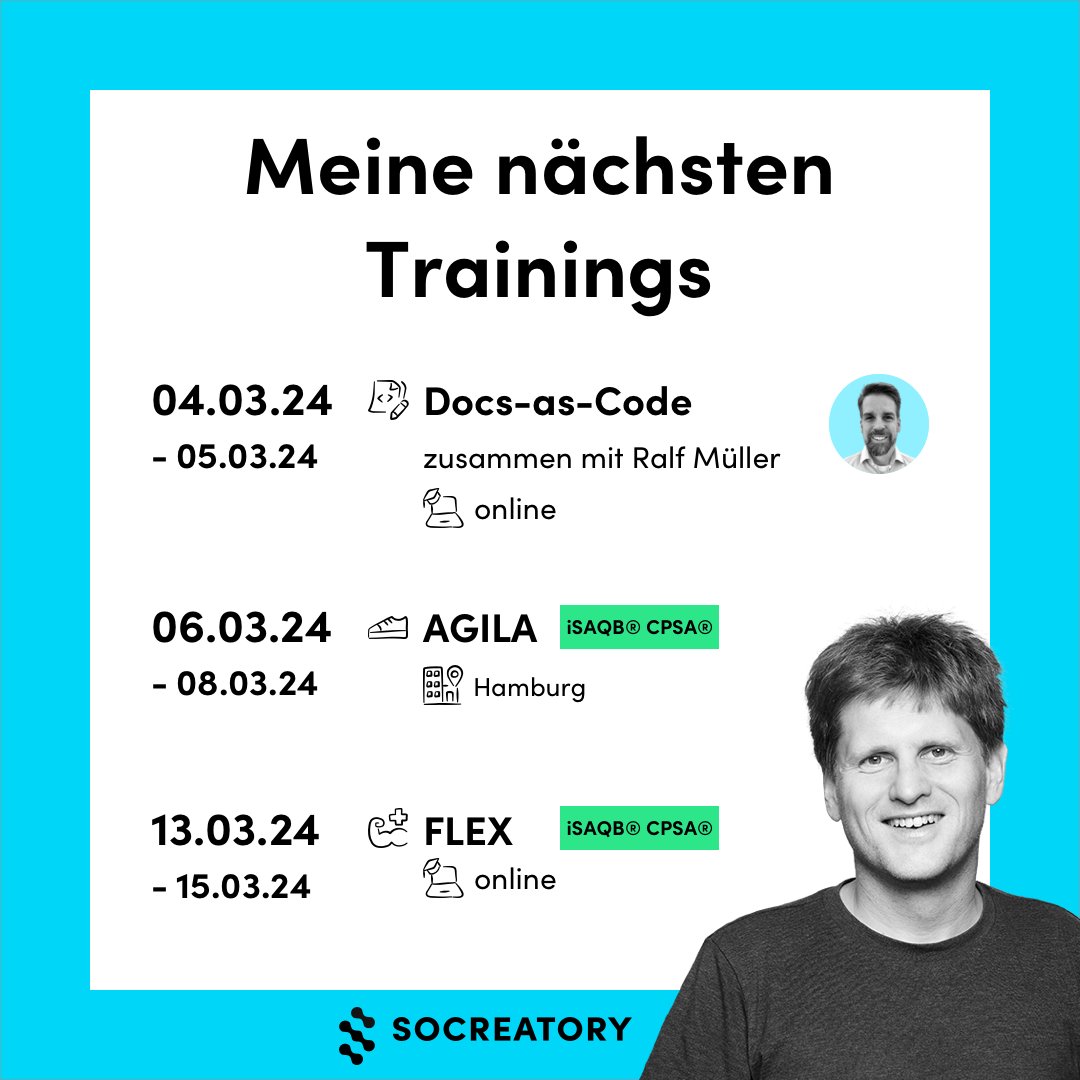 Im März mache ich einige Trainings für @socreatory, z. B. Docs-as-Code mit @RalfDMueller, ein @isaqb AGILA in Hamburg und ein FLEX Online.

socreatory.com/de/trainings/d…

socreatory.com/de/trainings/a…

socreatory.com/de/trainings/f…