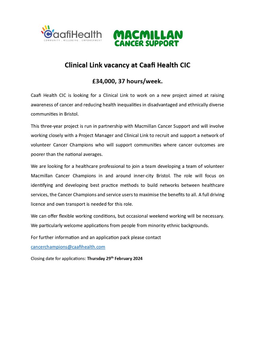 We are hiring !! Clinical Link (Full-time) caafihealth.org.uk/jobs