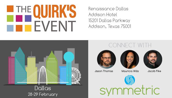 SymmetricSample's tweet photo. Who else is excited for @QuirksMR Dallas in a couple weeks? Be sure to say hi to Jason, Mauricia and Jacob at the conference! #quirksdallas #MRX https://t.co/tEHpTRZRgf