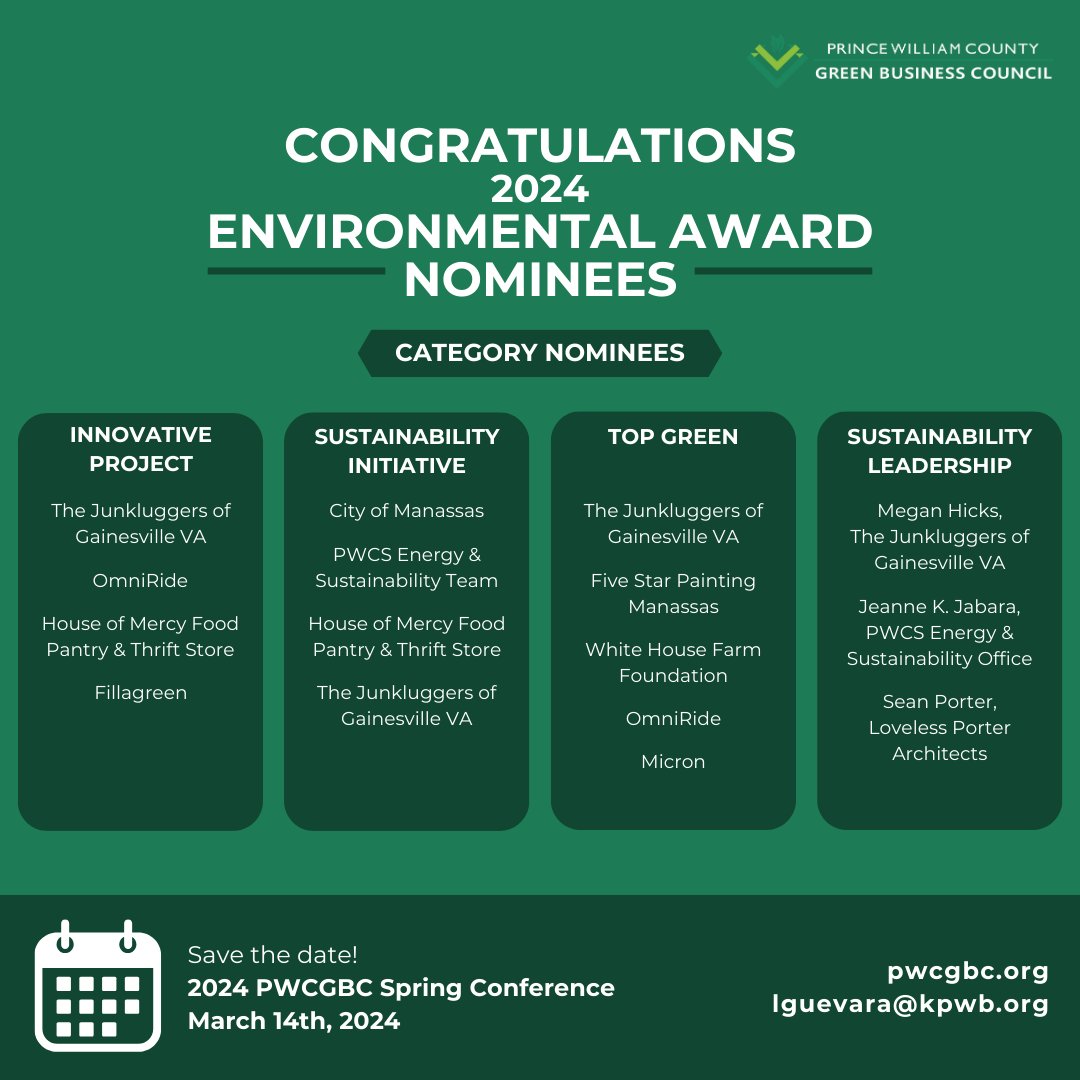 pwcgbc's tweet image. Thank you to all nominees that have nominated businesses and leaders that have have made a significant effort with sustainable impacts to the environmental health of Prince William County🍃

Stay tune to find out who will be our winners!