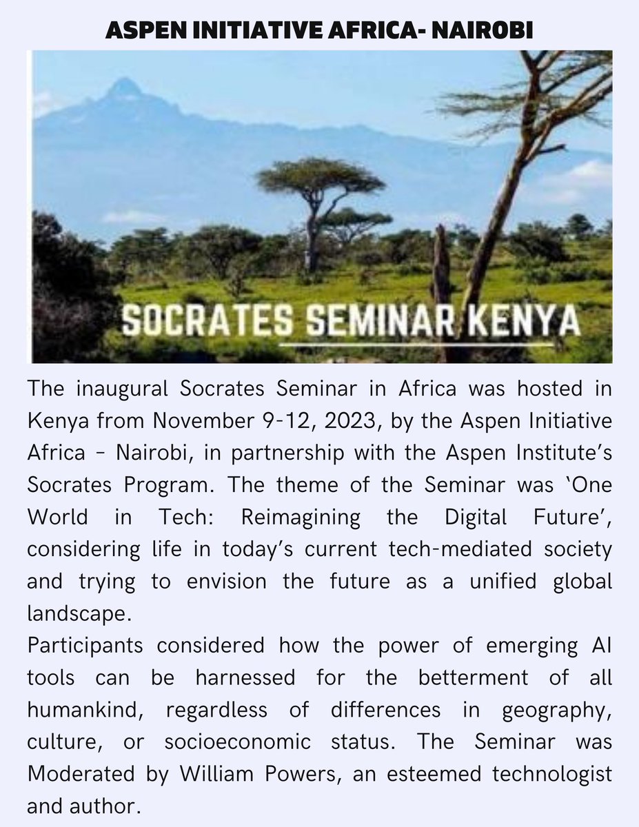 @AspenAfrica is our fifteenth #IPSpotlight2023. @AspenAfrica hosted its inaugural Socrates Seminar in Kenya in partnership with the @AspenInstitute  Socrates Program...