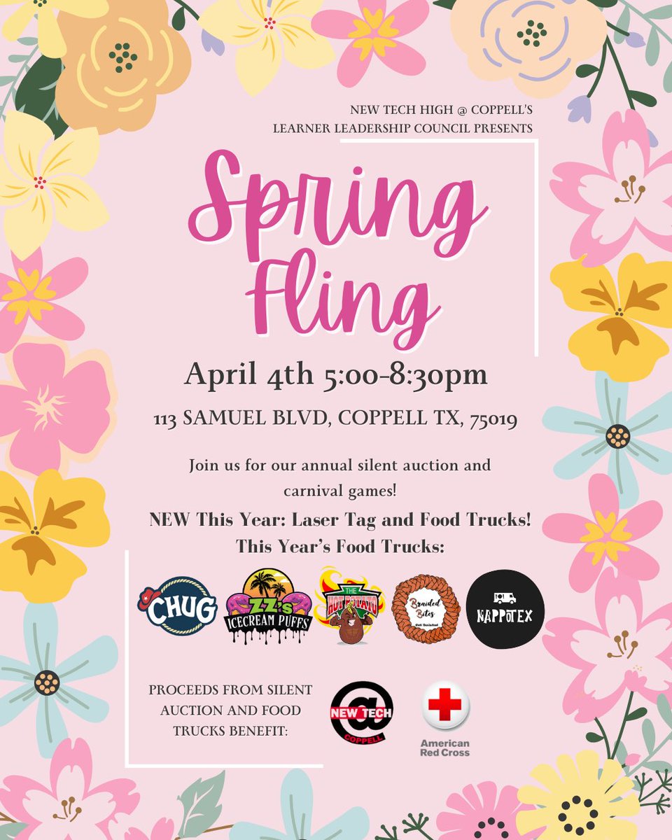 ‼️Mark your calendars everyone, LLC’s annual 🌸 Spring Fling 🌺 is approaching soon! It’s on April 4th, 5:00pm to 8:30pm at New Tech! There will be food trucks, carnival games, silent auction, and fun!!! We hope to see you there ;)