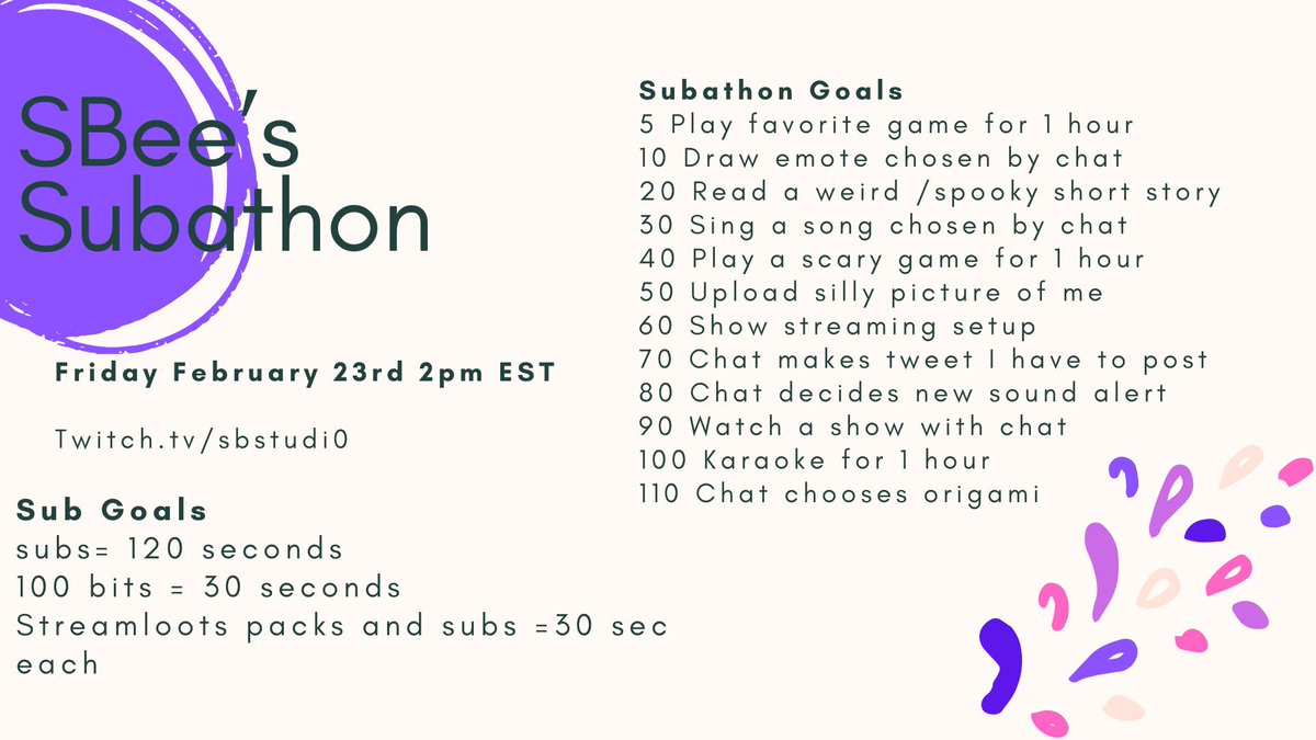 _SBStudio_'s tweet image. 🚨  ATTENTION 🚨 
SUBATHON INCOMING!!!!! Mark your calendars!  You won't wanna miss this! 
Friday February 23 2 pm EST -see ya there! 🙌
twitch.tv/SbStudi0
#twitch #gaming #subathon #streamer