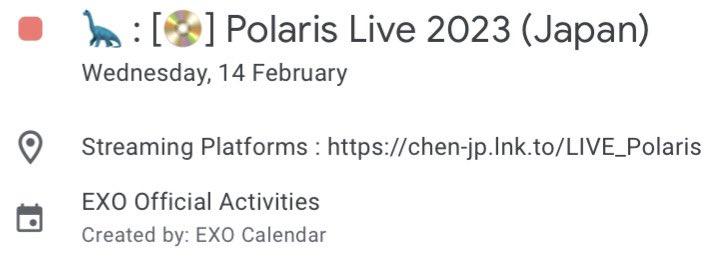 Polaris Live album release added to the calendar as an all day event to reflect different release times across the world. 

🆕 Polaris Live 2023 - CHEN 

#CHEN #CHEN_Polaris
#CHEN_JAPANTOUR_Polaris
#CHEN_ポラリス
#EXO #weareoneEXO