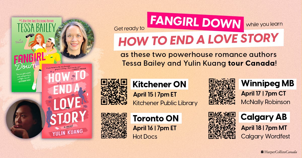 .@mstessabailey and #YulinKuang are coming to Canada! Get ready to Fangirl Down while you learn How to End a Love Story with these two powerhouse romance authors! Scan the QR code or visit the venue's website to reserve tickets to an event near you before they sell out 😍