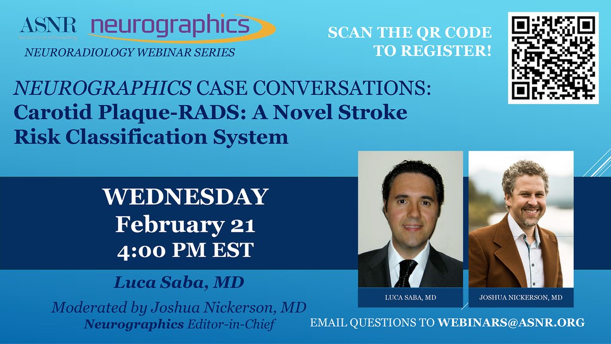 Join us Wednesday, February 21, at 4:00 pm EST for our next free webinar: #Neurographics Case Conversations: Carotid Plaque-RADS: A Novel Stroke Risk Classification System. Get all of the details and register now: ow.ly/RKg450QyrL7 @lucasabaITA @neurokinghippo