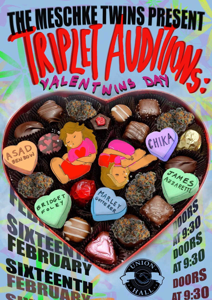 Union Hall (@unionhallny) on Twitter photo FRI 2/16: Identical twin comedians <a href="/annabel_meschke/">Annabel Meschke</a> and <a href="/sabinameschke/">Sabina Meschke</a> invite you to a rip-roarin’ Valentwins Day celebration of sibling love, Normal Style!
Featuring Asad Benbow, James Azzaretti, Chika, <a href="/bridgetmfoley/">bridget!!!!!</a>, and <a href="/MarleyGotterer/">Marley</a>!
🎟️: tinyurl.com/bx98j8c6 FRI 2/16: Identical twin comedians <a href="/annabel_meschke/">Annabel Meschke</a> and <a href="/sabinameschke/">Sabina Meschke</a> invite you to a rip-roarin’ Valentwins Day celebration of sibling love, Normal Style!
Featuring Asad Benbow, James Azzaretti, Chika, <a href="/bridgetmfoley/">bridget!!!!!</a>, and <a href="/MarleyGotterer/">Marley</a>!
🎟️: tinyurl.com/bx98j8c6