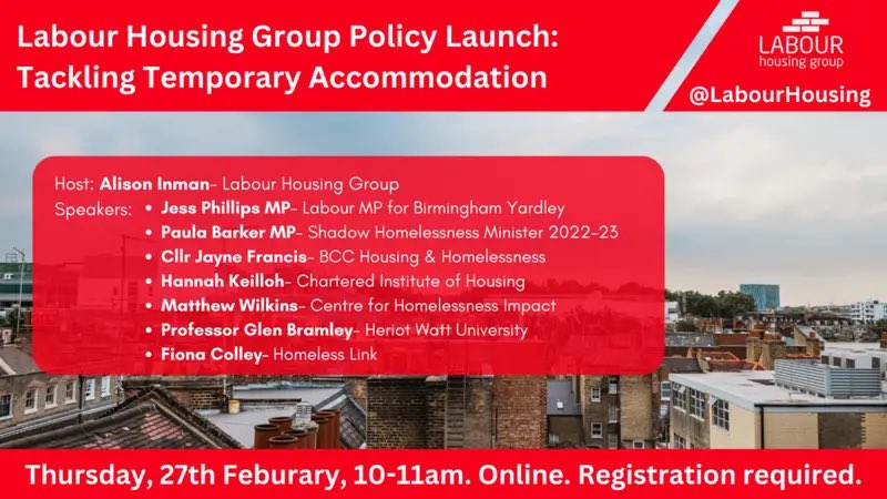 📢NEW: Join us for the launch of our policy paper ‘Tackling Temporary Accommodation’ 📍Zoom 🗓️ 27/02 🕙10am We’ll be joined by: - @jessphillips - @PaulaBarkerMP - @MatthewCWilkins - @HannahCIH - @Harborne_Jayne - @FionaMColley - @GlenBramley Hosted by @Alison_Inman
