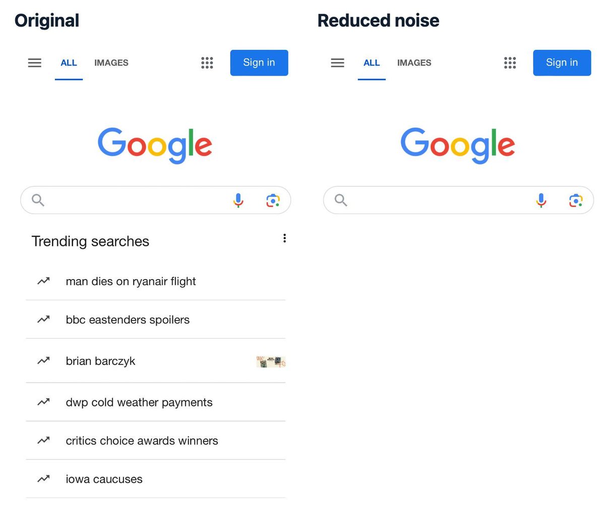 peteramullen's tweet photo. Great reminder to be thoughtful to the added noise that we introduce when building new features for users. Which Google search page are you more willing to interface with? For me it's the simpler one...

https://t.co/Ns4yPXAPLO 

#ux #prodmgmt #product https://t.co/5LOYGKBGya
