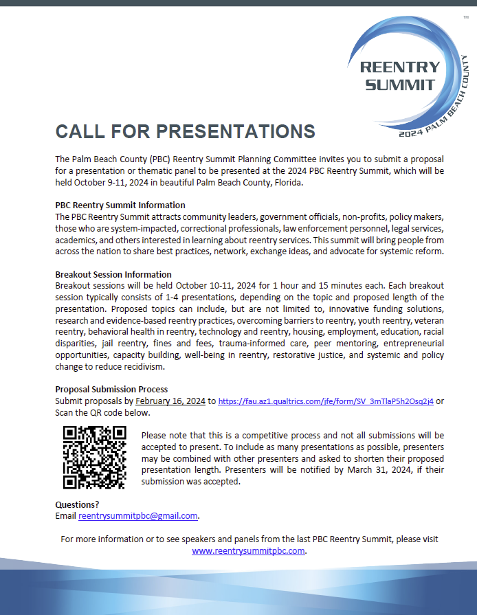 ReentrySummitPB's tweet photo. There is still time to submit a proposal to present at the 2024 Palm Beach County Reentry Summit, which will be held October 9-11th. Proposals are due Friday and can be submitted here: https://t.co/TMwtLuXD9M. For more information, visit our website https://t.co/XIyMompglf. https://t.co/RgbsnGGLGU