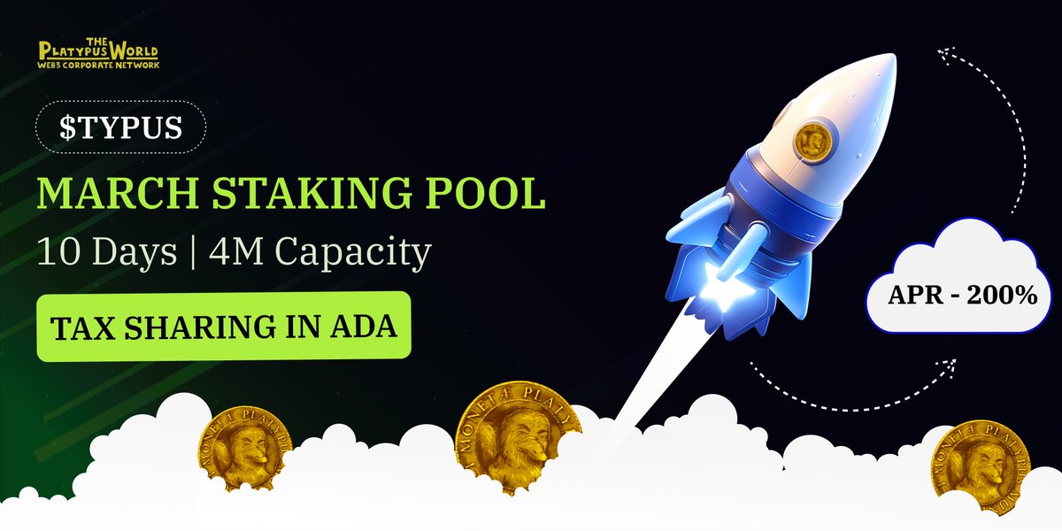 theplatypuswrld's tweet photo. Pre-Sale on February 21st, Special Staking Pool at the beginning of March! 🚀

{RT to win 250 ADA in $TYPUS} 

🔹 Pool period: 10 days
🔹 Capacity: 4M $TYPUS
🔹 APR: 200%
🔹 Tax Sharing in $ADA

Simple and smart way to make significant financial returns. 💵

There will be more Pools of short, medium and long term to satisfy everyone's needs.
You won't want to miss this opportunity!

👉🏻 JOIN US: https://t.co/wdelR7iptf