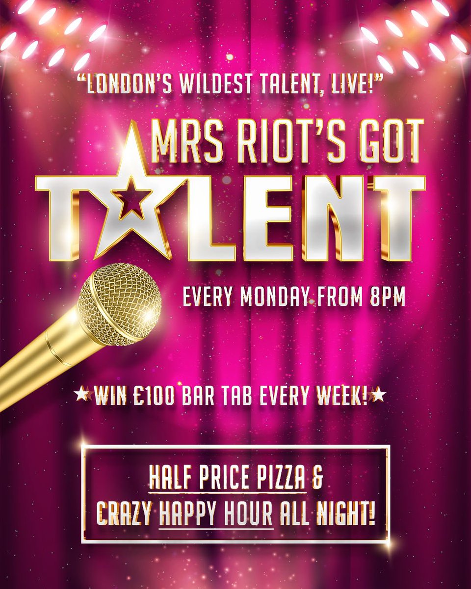 Are you a lip sync assassin, a belting songstress, a plate spinner, a wild whistler? 

Want to win a boozy night for you and your friends? 

Mrs Riot’s Got Talent starts 19th Feb! 

Submit in the link to be involved!

mrsriotlondon.com/mrs-riots-got-…