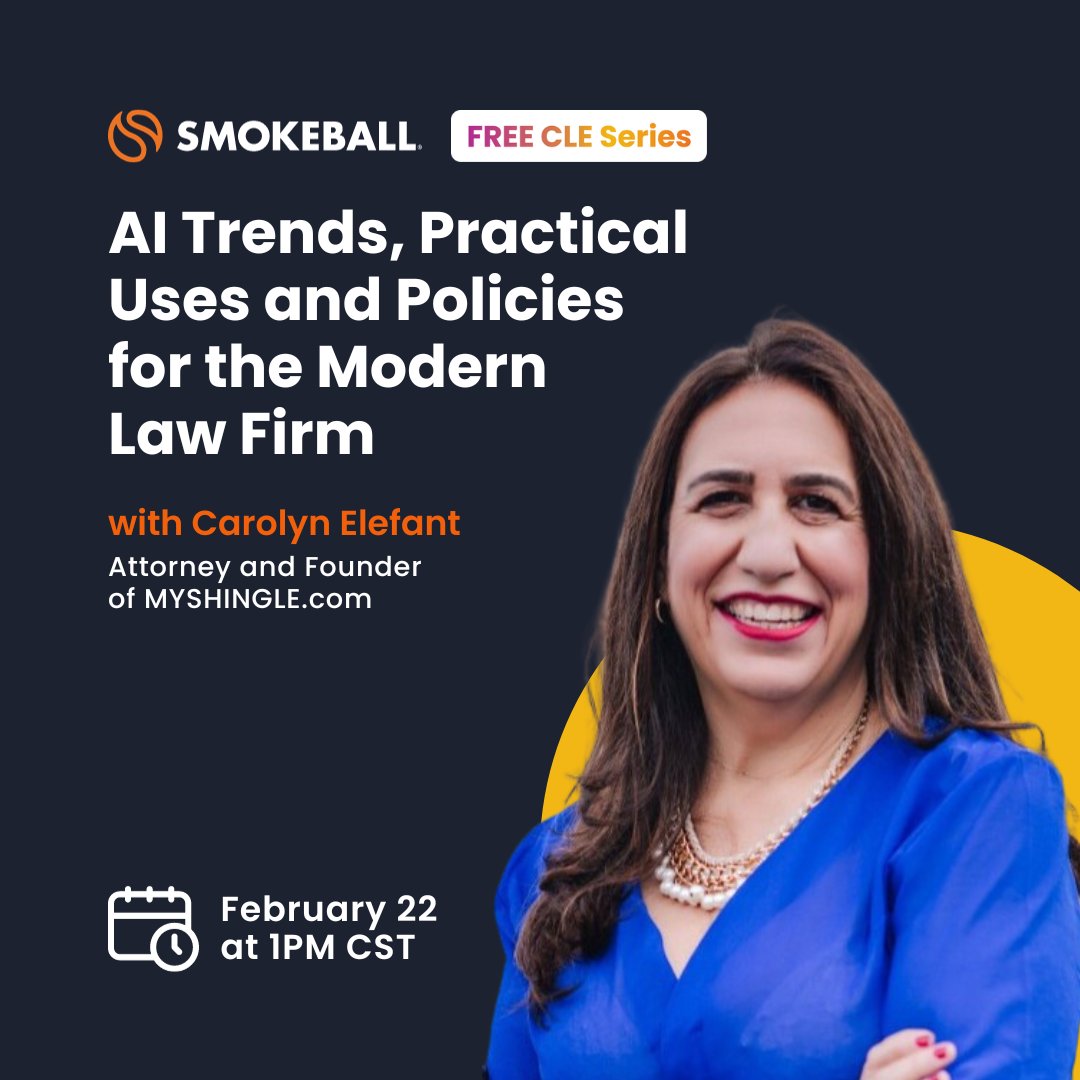 Join AI expert <a href="/carolynelefant/">carolynelefant</a>, founder of <a href="/myshingle/">MyShingle</a>, and <a href="/JordanLTurk/">Jordan Turk</a> on February 22 at 1 PM CT, for this free CLE to learn best ways you can leverage AI into your tech stack. Register now!

bit.ly/47B2wmF
.
.
#cle #legaltech #ai #legalindustry #lawfirm #lawyerlife