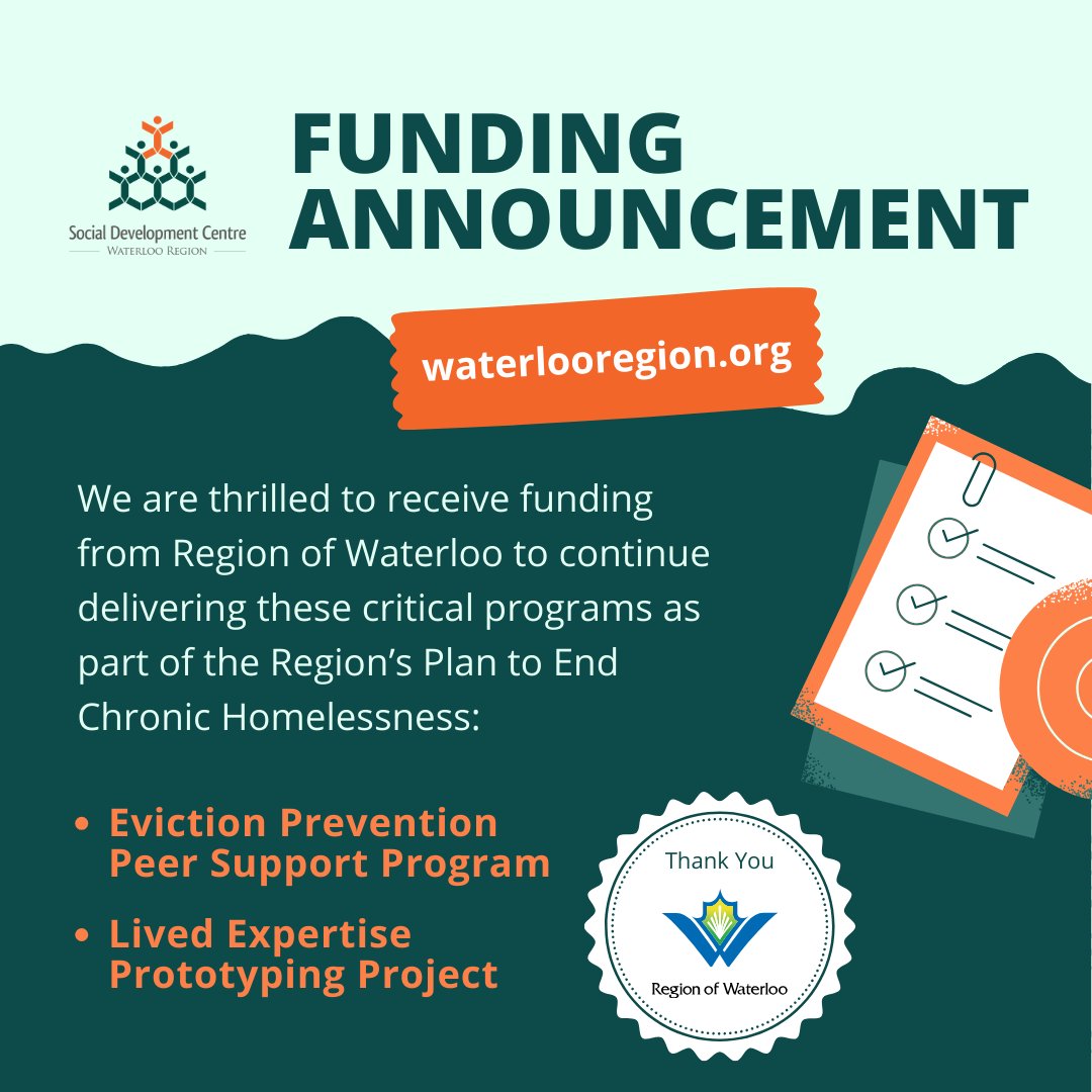 We're thrilled to receive funding from the Region of Waterloo to continue delivering two critical programs as part of the Region's Plan to End Chronic Homelessness: 

1. the Eviction Prevention Peer Support Program 
2. the Lived Expertise Prototyping Project

A short🧵1/4