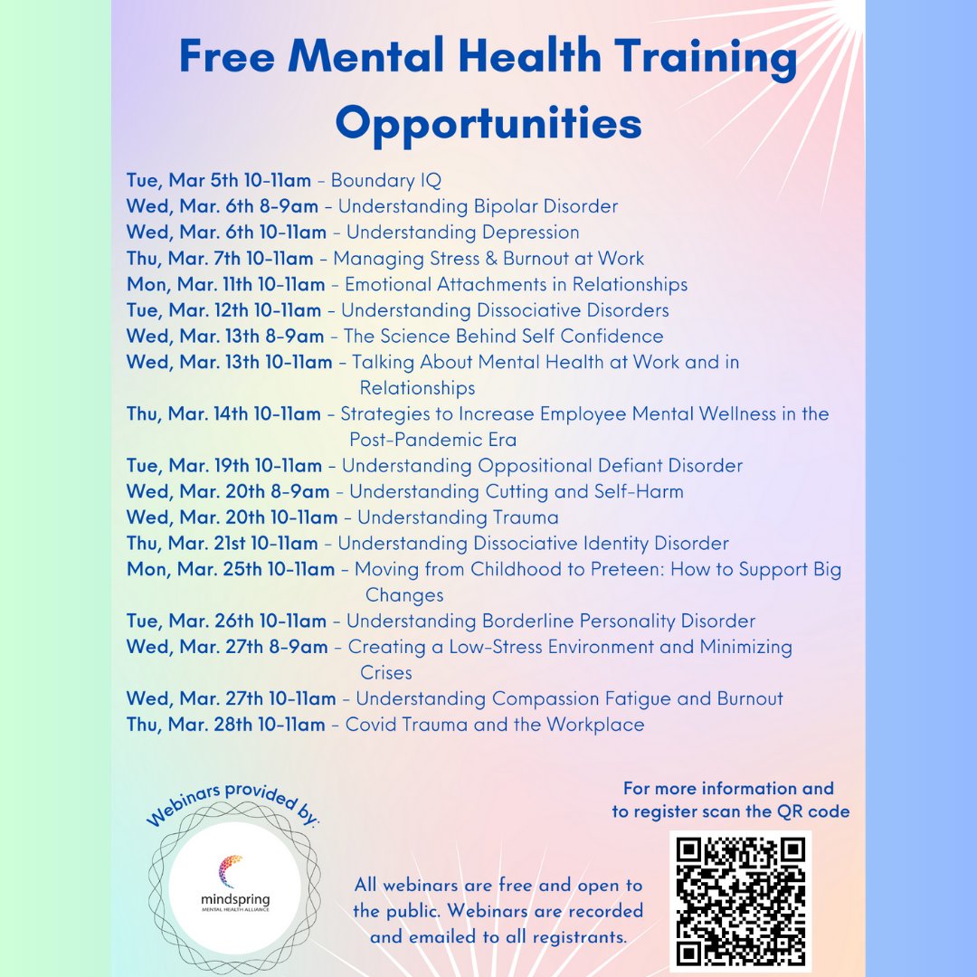 _KidzCommunity's tweet photo. #MindspringMentalHealthAlliance provides free mental health education opportunities to the public through webinars. To register scan the qr code on the flyer or visit: https://t.co/dsMLNvkNIU
#HeadStart #EarlyHeadStart #EarlyLearning #EmpoweringFamilies #GetAHeadStart https://t.co/JcQ2LmT7qq