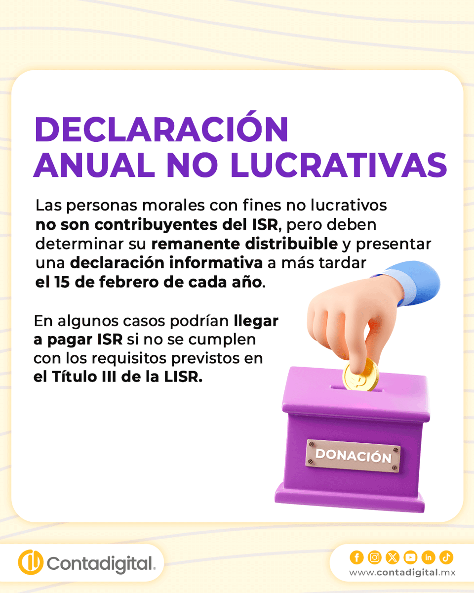 ContabilidadDig's tweet photo. Si eres Persona Moral con fines no #Lucrativos aún estás a tiempo de presentar tu Declaración Anual y pagar en su caso #ISR por el remanente distribuible o ingresos no propios. 📅💰
Más información del cálculo en el #Contablog 📒
https://t.co/pvA670bscS https://t.co/uEPtObbjHH