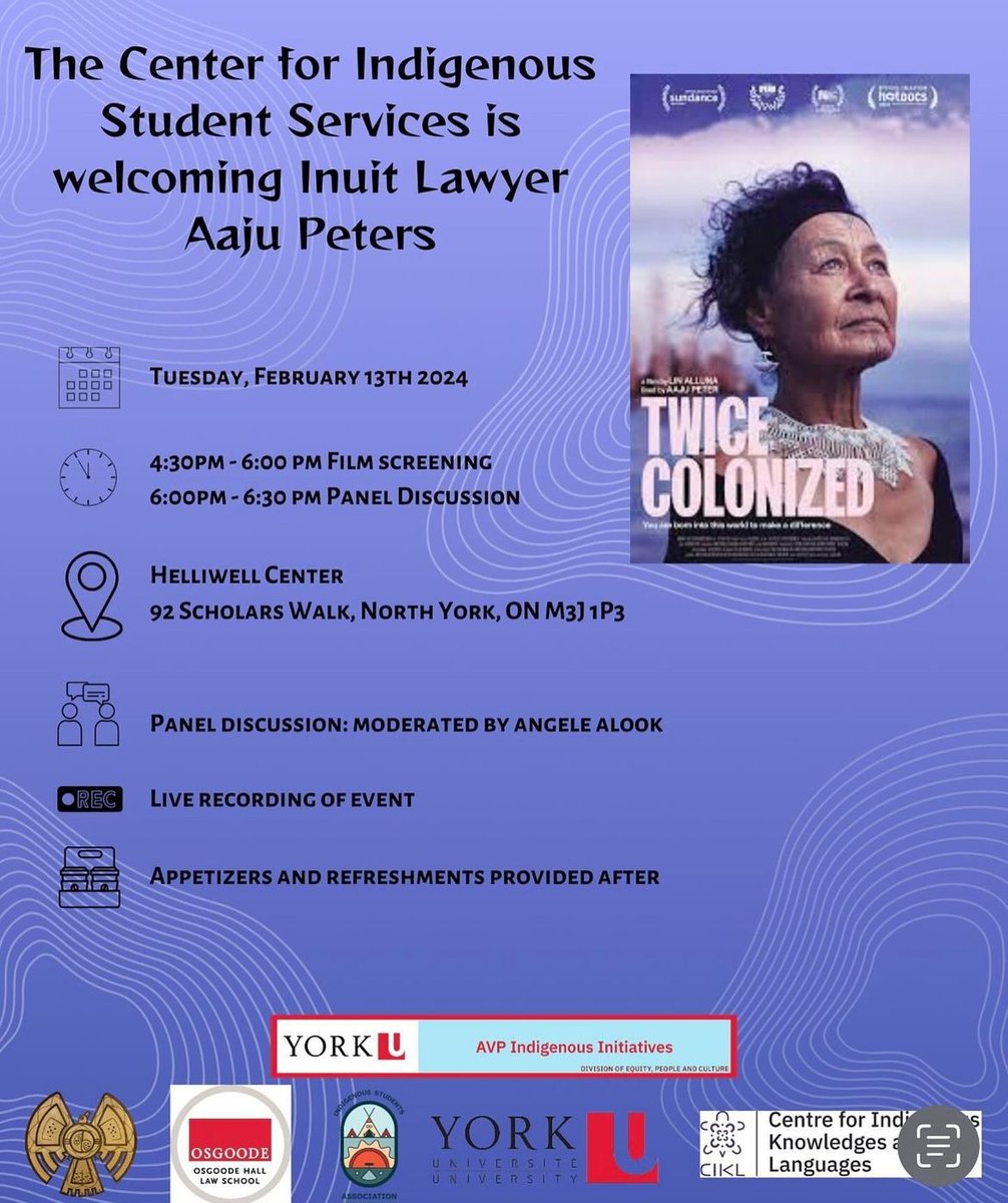 The Centre for Indigenous Student Services (CISS) is welcoming Inuit Lawyer Aaju Peters!

Join CISS TODAY from 4:30pm to 6:30pm for a film screening and panel discussion!