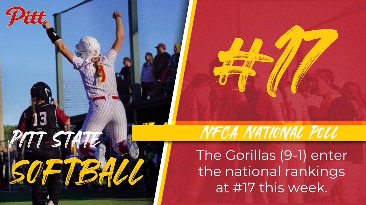 🚨THE GORILLAS ARE IN THE TOP-25🚨

Pitt State Softball (9-1) enters the national rankings at #17 in the latest NFCA poll released today 🦍🥎