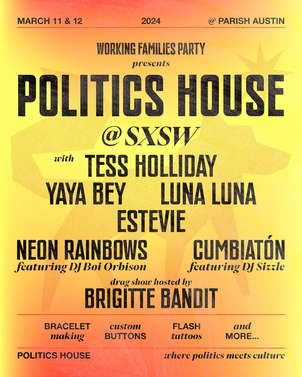 Join us for the inaugural Politics House during #SXSW on 3/11 and 3/12. 

Panels, live music, free tattoos, friendship bracelets  and more! Gather to get involved with our political home and see how we  can come together to change the future of our world: politicshouse.eventbrite.com