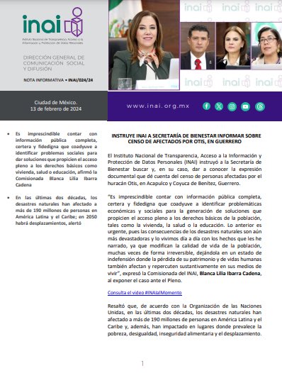 azucenau's tweet image. #ÚLTIMAHORA | Instruye el #INAI a @bienestarmx informar sobre censo de afectados por el #HuracánOtis, en #Guerrero