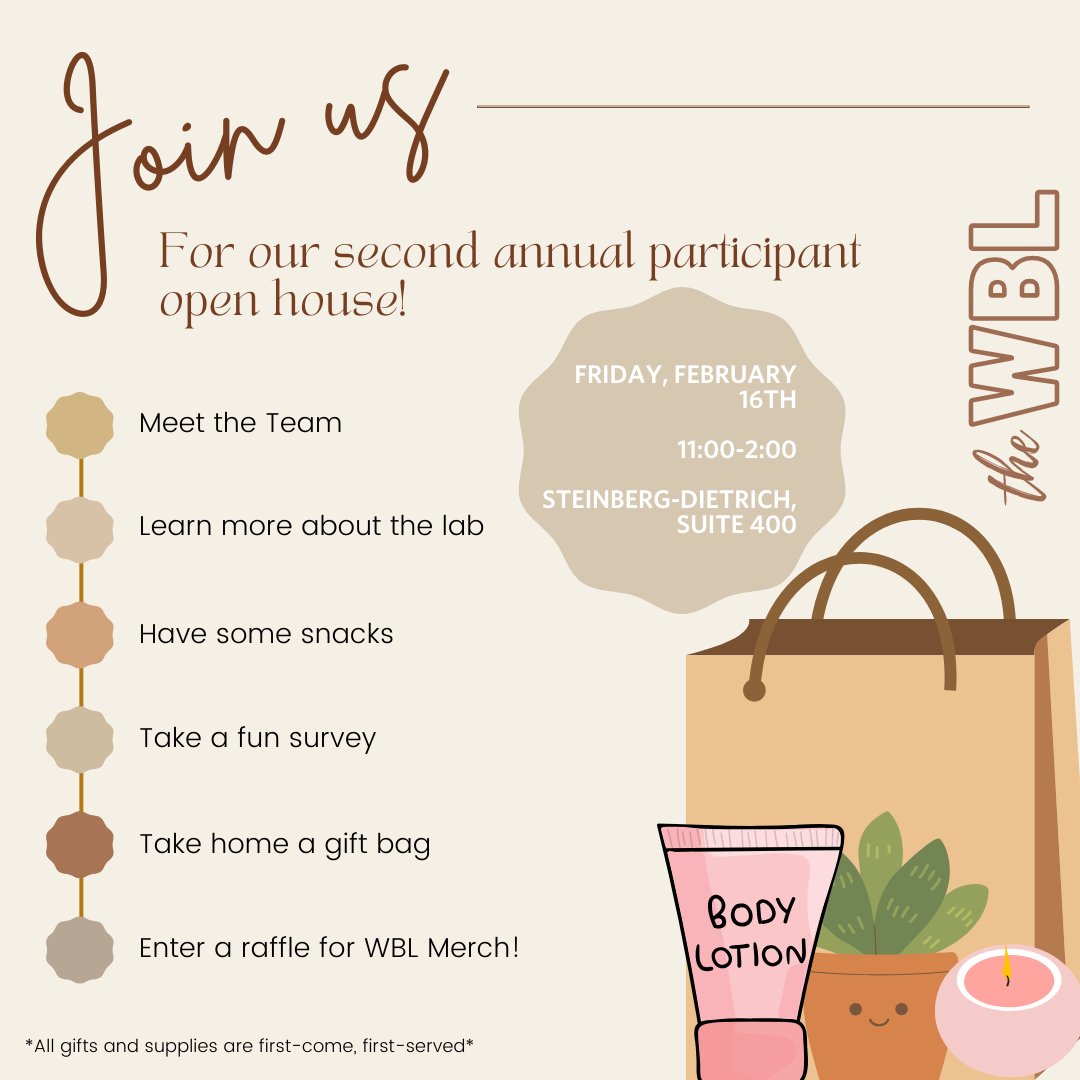 Join the WBL for our second annual participant open house this Friday, February 16th! Learn more about the WBL and have some snacks and gifts. All registered participants in attendance will be entered in a WBL merch raffle! Bring your friends and stop by!