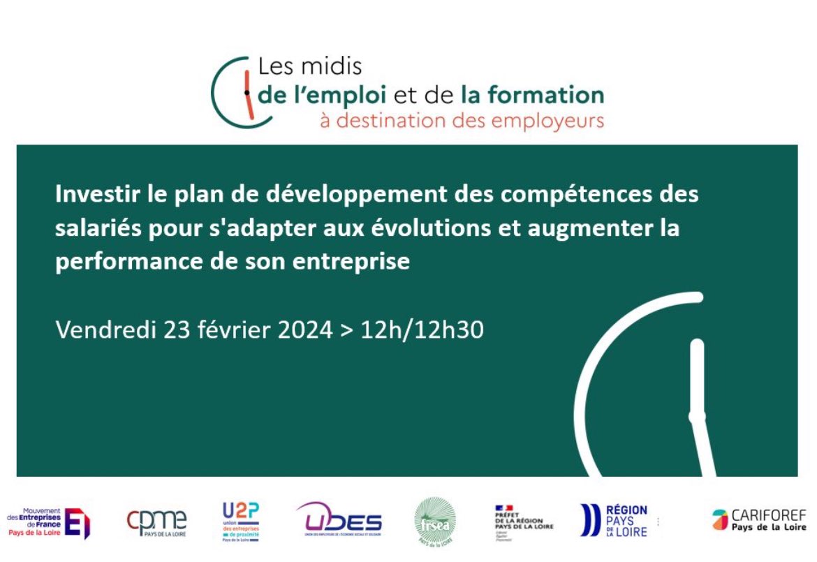 Prochain midi de l’emploi aura lieu le vendredi 23 février prochain (11h55)
« Investir le plan de développement des compétences des salariés pour s'adapter aux évolutions et augmenter la performance de son entreprise »
Une animation <a href="/MedefPDL/">Mouvement des Entreprises de France #Paysdelaloire</a> 
Inscription lnkd.in/eQsQPMKs