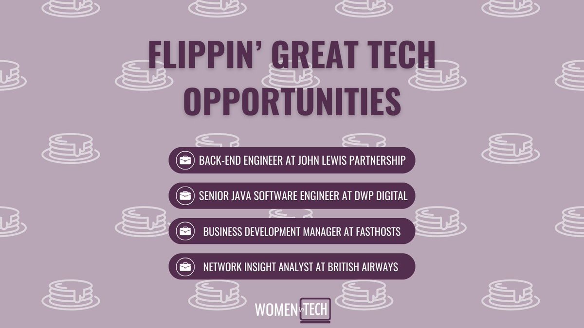 To celebrate pancake day, we've rounded up some flippin' great job opportunities currently on the #womenintech job board (forgive us for the pun 😅) Browse 100s of #techjobs from employers such as British Airways, JLR, John Lewis & Starling Bank: buff.ly/4bMw5Vg