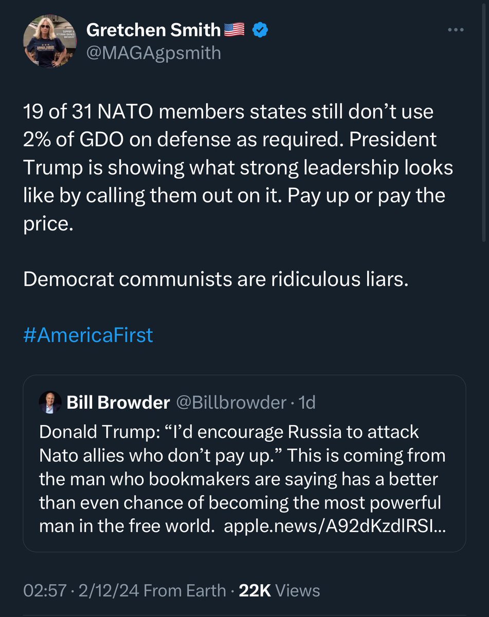 LadyLQueefs's tweet image. America First … but bomb our allies… 

#GretchenSmith 
#CovidGretchen 
#codeofvets 

Russian asset