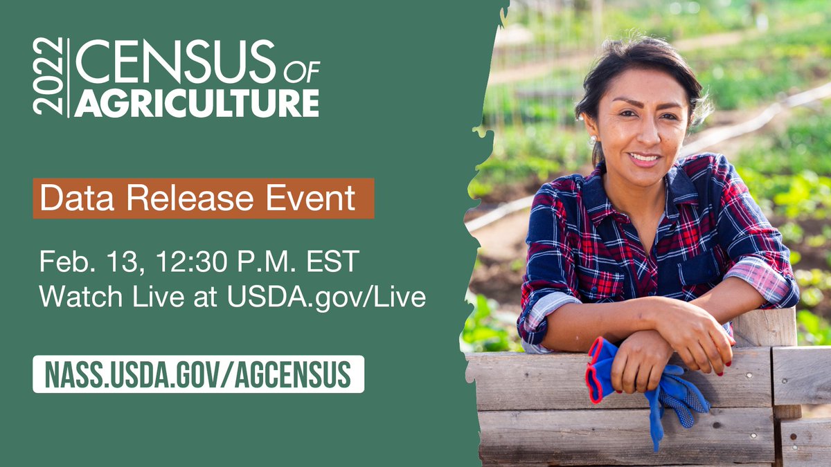 TODAY: Following the noon EST release of 2022 #AgCensus data, watch our live release event at 12:30 p.m. EST with remarks from <a href="/SecVilsack/">Secretary Tom Vilsack</a>, Under Secretary for Research, Education, and Economics Dr. Chavonda Jacobs-Young, &amp; NASS Administrator Hubert Hamer. USDA.gov/Live