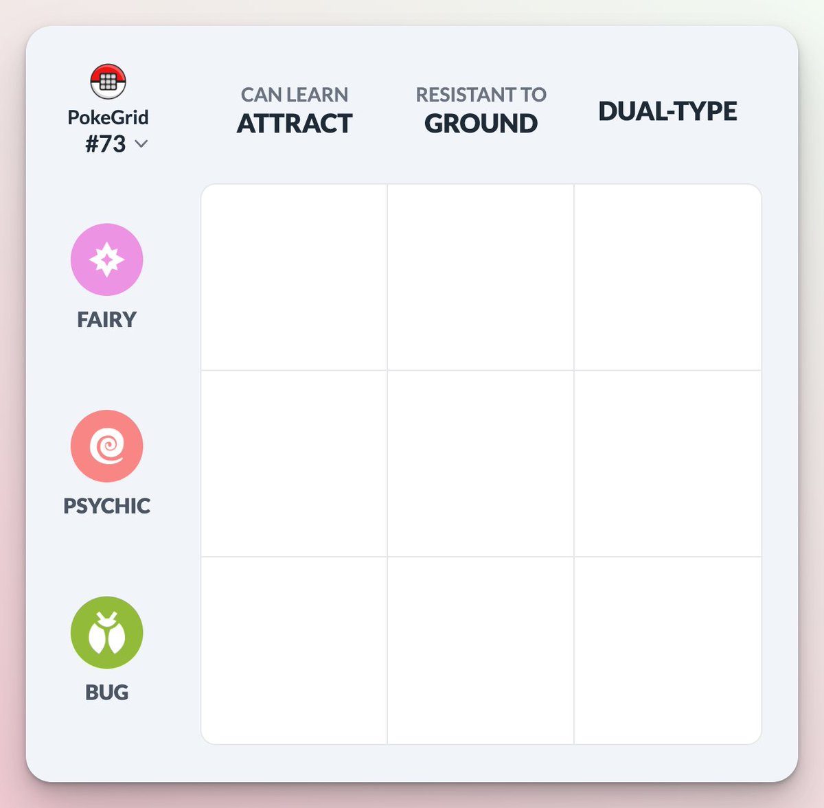 PokeGrid #73: 💗 ATTRACT 💗

A special Valentine's #PokeGrid from yours truly. Bonus points if you can score under 50 rarity 💘

Play at pokegrid.net and show us how you did 👇