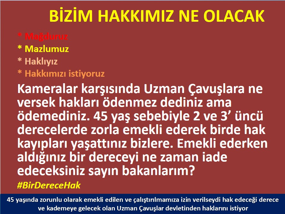 @alitilkici38 Kameralar karşısında #UzmanÇavuş'lara ne versek hakları ödenmez dediniz.ÖDEMEDİNİZ. 45 yaş sebebiyle 2,3ncü derecelerde zorla emekli ederek birde hak kayıpları yaşattınız.Emekli ederken aldığınız bir dereceyi ne zaman iade edeceksiniz sayın bakanlarım #YaşarGüler @hulusiakarmedya