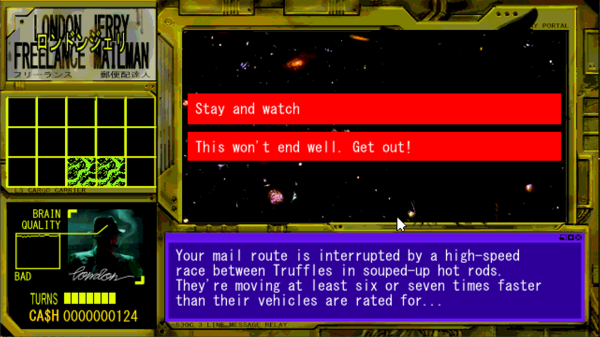 itchio's tweet photo. LONDON JERRY: You're London Jerry, a freelance mailman. You have a crappy ship, a brain that makes you sick, and several hundred packages you gotta deliver all over the galaxy.

https://t.co/y6LhBZEaKA https://t.co/luF4Jss8lj