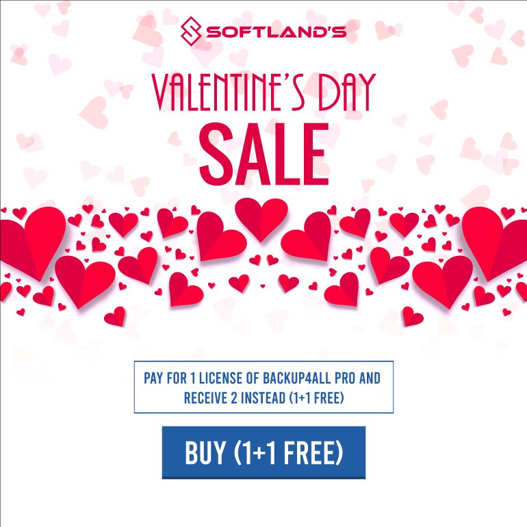 backup4all's tweet image. Get ready to fall in love with Backup4all even more as our Valentine's Day promotion is here. For a limited time only, you buy 1 license and receive 2 instead (1+1 free)! Don't miss out, this offer is valid until February 15th, 2024. Read more here: buff.ly/40NaQNz