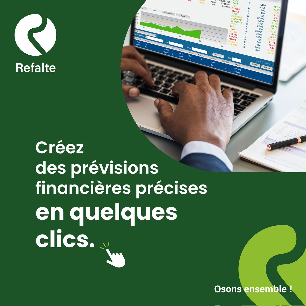 Vous avez une idée de projets?
Avec REFALTE, évaluez les coûts et revenus futurs de votre projet.

En quelques clics, notre outil vous permet d'élaborer les projections financières de votre business plan 
Testez en l'outil libre accès sur notre site Web. 
refalte.com