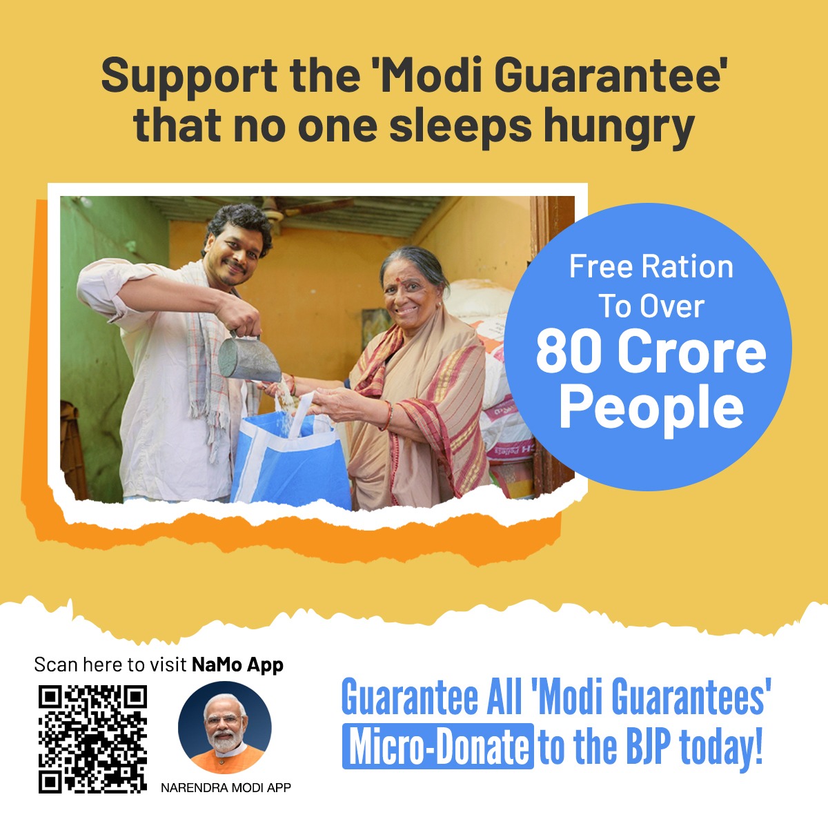 NamoApp's tweet photo. No one should have to sleep hungry. Support the 'Modi Guarantee' for free ration to over 80 crore people!

Your #MicroDonation to the BJP today will help guarantee all 'Modi Guarantees'!

#MicroDonate via the NaMo App today: https://t.co/jeo2Bt281v https://t.co/vicQeiOG5Q