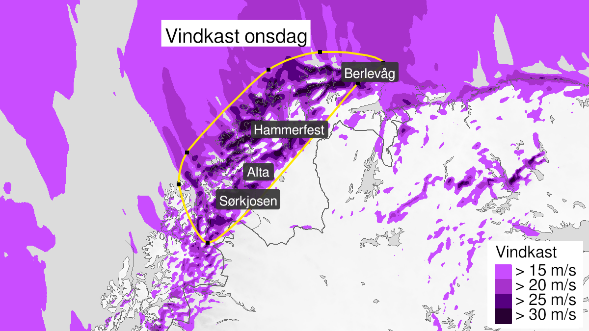 VtsNord's tweet photo. Det er meldt ut gult farevarsel i Nord-Troms og Finnmark i morgen, onsdag. 
Det kan lokalt komme vindkast i styrke orkan. 
Dette vil stedvis påvirke trafikken i det neste døgnet.

Se oppdaterte trafikkmeldinger på https://t.co/5xAYLjw6z8. https://t.co/rczL8JTVD0