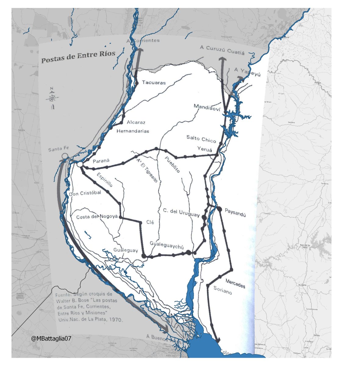 Hace un tiempo me habían pedido ver de Georreferenciar un mapa de las postas de Entre Ríos del 1700-1800🐎🗺. 

Y salió algo interesante: 

Vamos con un hilo 🧵