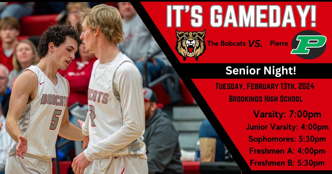 It's GAMEDAY and senior night! 🙌🏀🐾

🆚 Pierre
⏰
4:00pm (JV)
4:00pm (Freshmen A)
5:30pm (Sophomores)
5:30pm (Freshmen B)
7:00pm (Varsity)
📍Brookings, SD
🏟 Brookings High School
💻 youtube.com/live/7eF5I78Td…

NEXT GAME: Friday, February 16th at Aberdeen Central