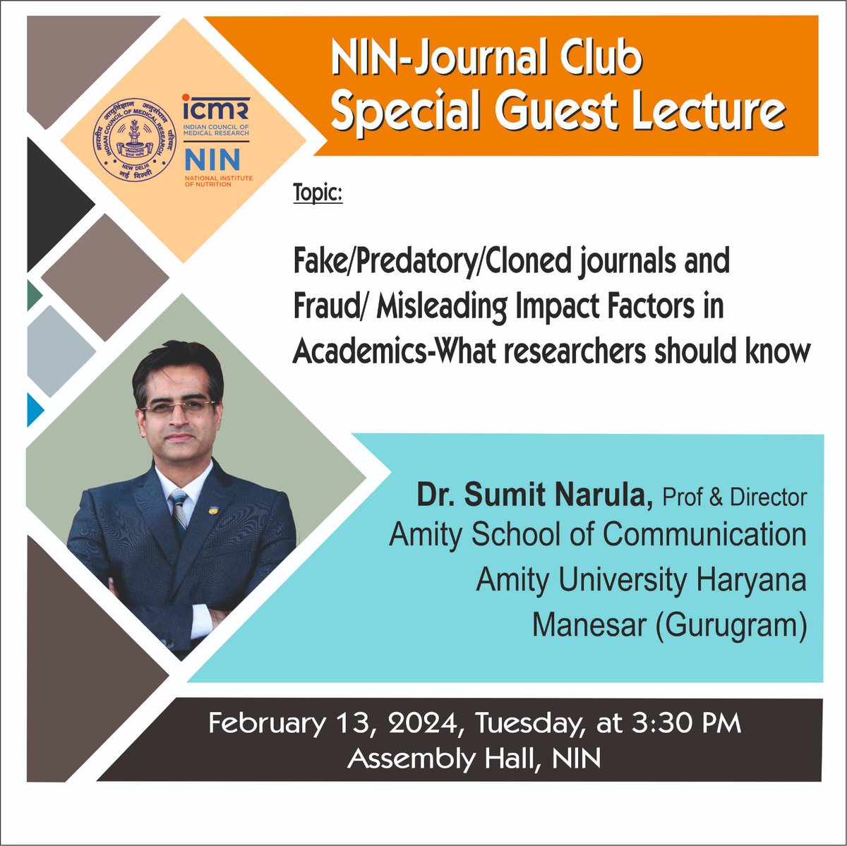ICMRNIN's tweet photo. A Special Guest Lecture on 'Fake, Predatory, Cloned journals &amp; Fraud/ Misleading Impact Factors -What researchers should know?' was delivered by Dr Sumit Narula (@SNarula2), Director, School of Communication, @AmityGurgaon 
@ICMRDELHI @MoHFW_INDIA @DeptHealthRes @NINDirector https://t.co/kTvJEbvIM3