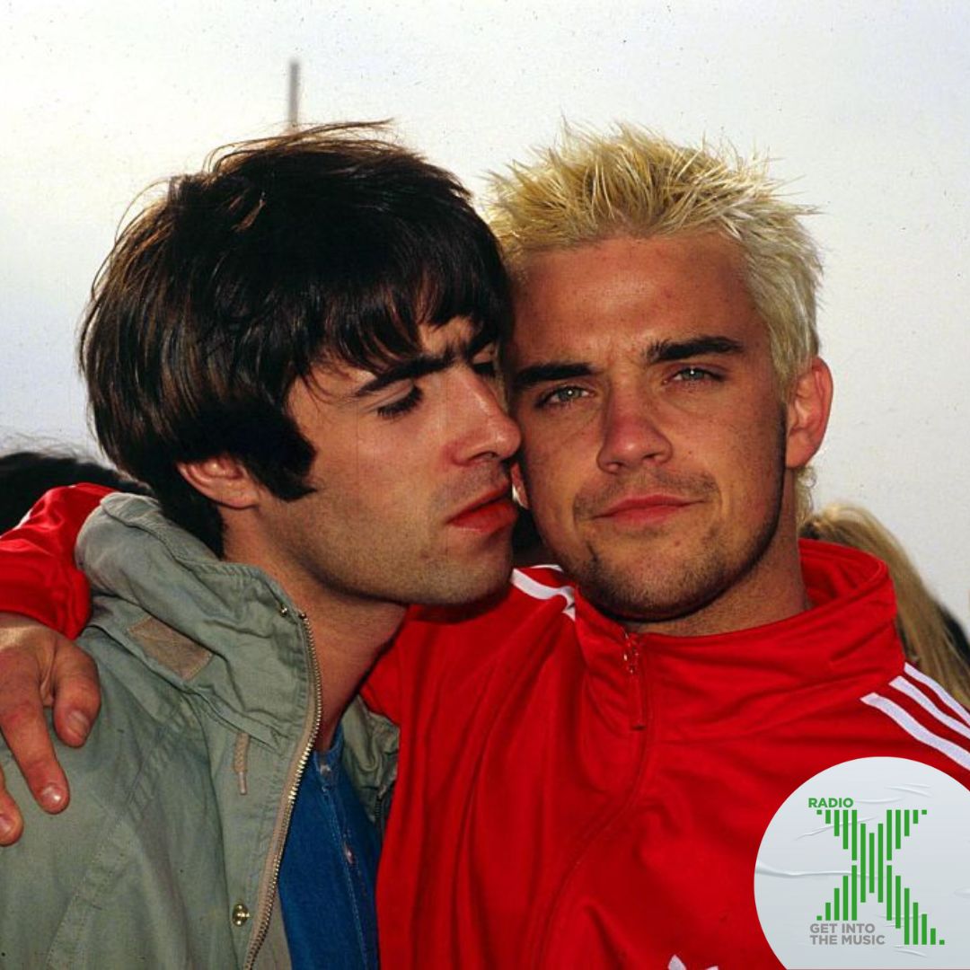 RadioX's tweet image. .@robbiewilliams turns 50 today 🎈here he is with @liamgallagher at @glastonbury back in 1995. 

📷: Getty
