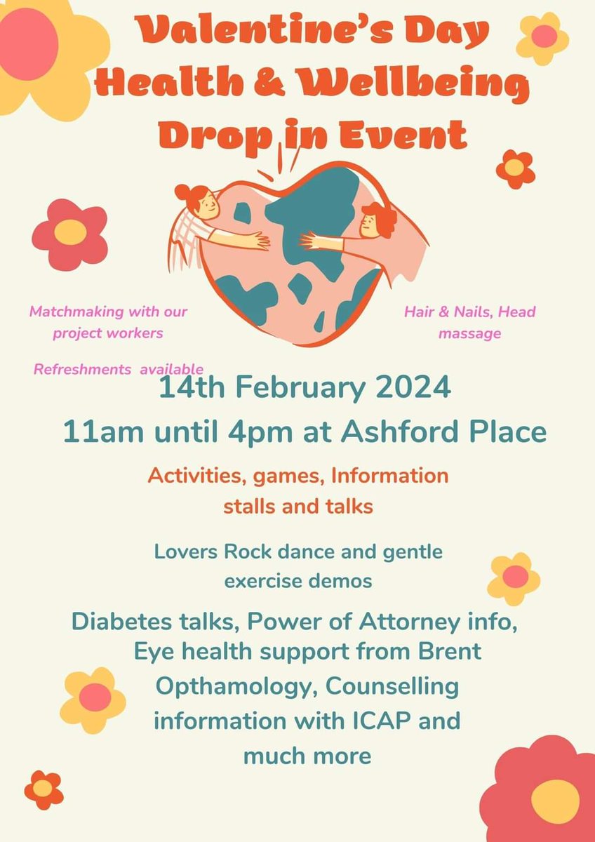 We're looking forward to our Valentine's Day Health and Wellbeing event tomorow - there will be information and talks from organisations including @DiabetesUK , #Brent Community Opthamology, health film screenings, 'matchmaking' with our project workers and much more #keepwell