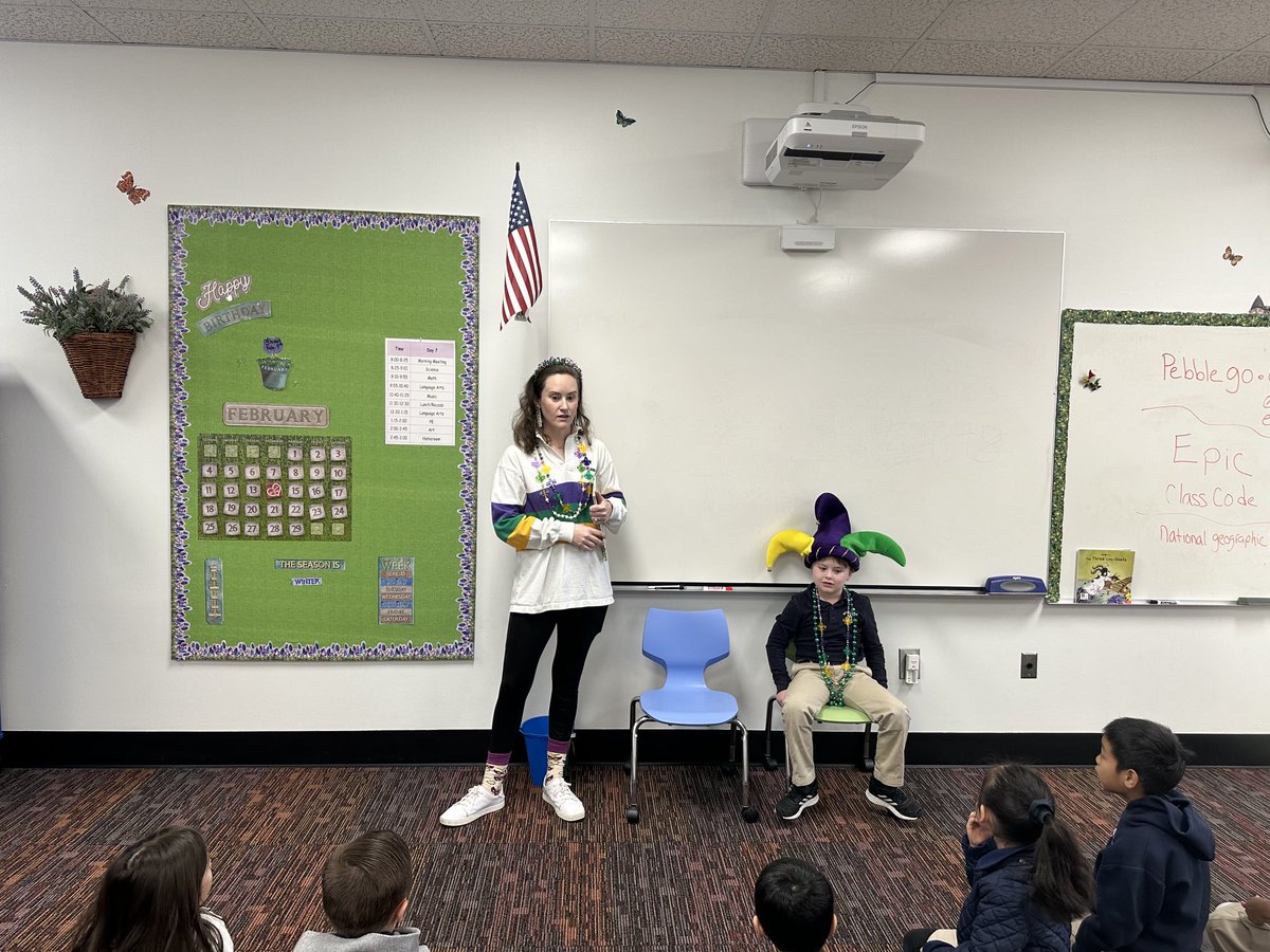 Mardi Gras presentation ⁦<a href="/WoodwardAcademy/">Woodward Academy</a>⁩! What’s Mardi Gras without King cake:)