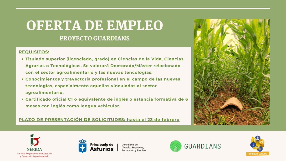 ❗📢 ¡Tenemos nueva #OfertaDeEmpleo!
📄 Jornada completa
🐮 Vinculado al proyecto #guardiansEU

📥 Hasta el 23/02
ℹ Consulta la oferta: bit.ly/3UEY8zD

💻 Web del proyecto: guardians-project.eu
💰 <a href="/HorizonEU/">Horizon Europe 🇪🇺</a>
<a href="/SCTAsturias/">Consejería de Ciencia, Industria y Empleo</a> <a href="/guardiansEU/">GUARDIANS</a>