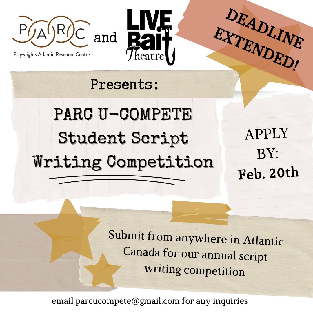 We're partnering with our friends PARC - Playwrights Atlantic Resource Centre for this great opportunity for young playwrights. Please help us spread the word (and get your script in if you have one)!