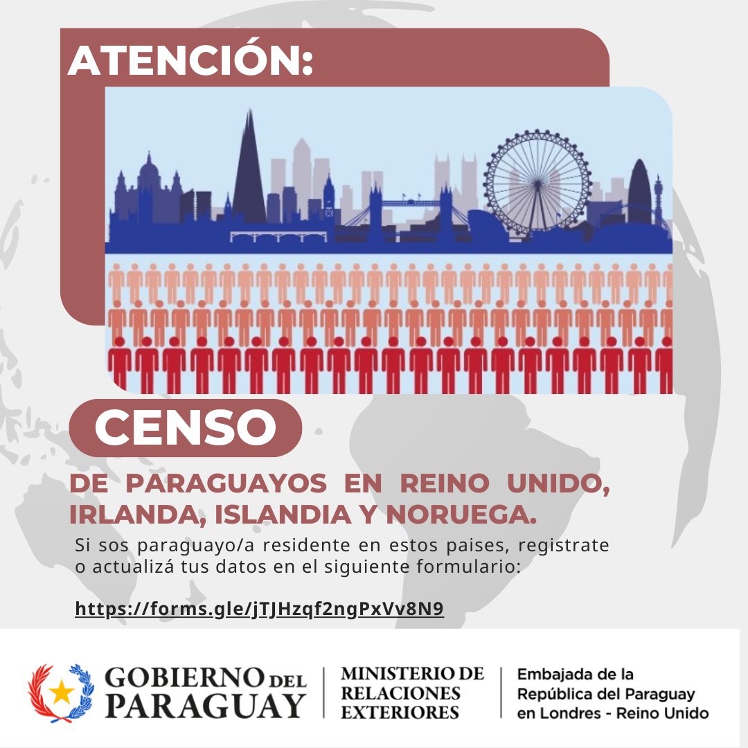 embapar_uk's tweet photo. Estamos actualizando nuestra base de datos y queremos tenerte registrad@ en nuestro Censo de Paraguay@s residentes en Reino Unido, Irlanda, Islandia y Noruega 🙌. Completá el formulario y corré la voz 📣💬📲 🌎

https://t.co/Ynx4TPorz5 https://t.co/SlEfWPlRVi