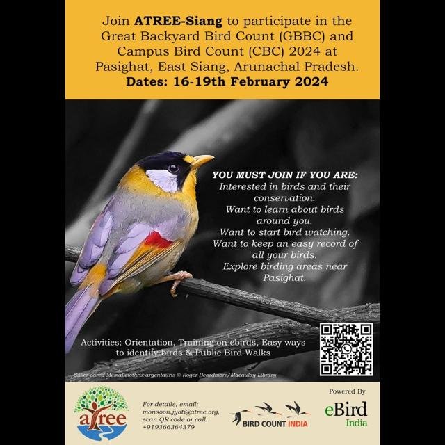 AtreeSiang's tweet photo. Hello, People of Pasighat and Siang Valley.
Mark your calendars for Feb 16-19, 2024, and join us at ATREE-Siang for the Great Backyard Bird Count and Campus Bird Count 2024. Let’s celebrate our feathered friends together!
Scan on the Scanner to join our WhatsApp group. https://t.co/EflOCioXQu