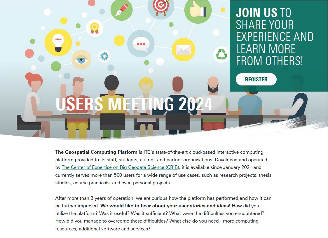 Join us for the Geospatial Computing Platform Users Meeting on 12 June at ITC! Passing 400,000+ hours of computing, we are excited to hear your user stories and share upcoming features! Registration 👉itc.nl/about-itc/cent… <a href="/FacultyITC/">Faculty ITC | University of Twente</a> <a href="/ITCAlumni/">ITC Alumni (inactive)</a> @LibITC <a href="/OpenSciTwente/">@OpenSciTwente@akademienl.social</a>