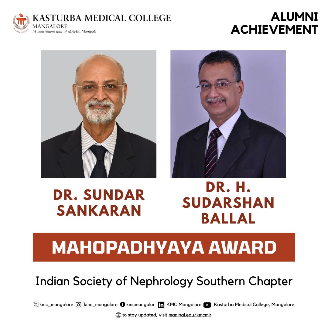 Congratulations to Dr. H. Sudarshan Ballal and Dr. @sundar_s1955, esteemed alumni, for being awarded the Mahopadhyaya Award (eminent teacher) at the Annual Conference of the ISNSCCON 2024 in Hyderabad. Your dedication to education and excellence shines bright! @ManipalHealth