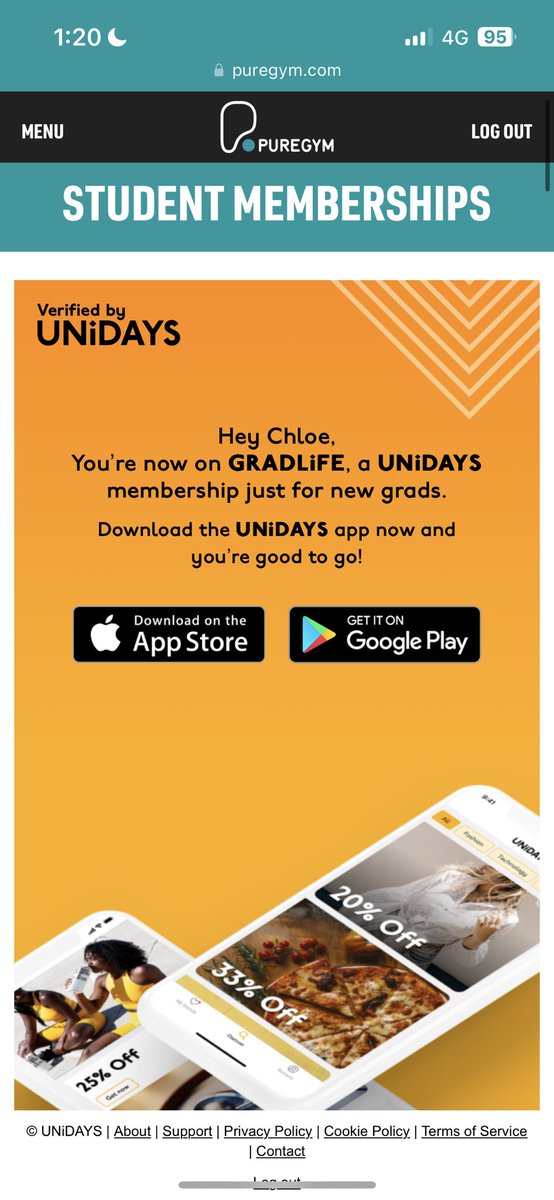 _xchloe_s's tweet photo. @PureGym Does your promo apply for grads on unidays? cant seem to get past this https://t.co/NFiJ3zLihM