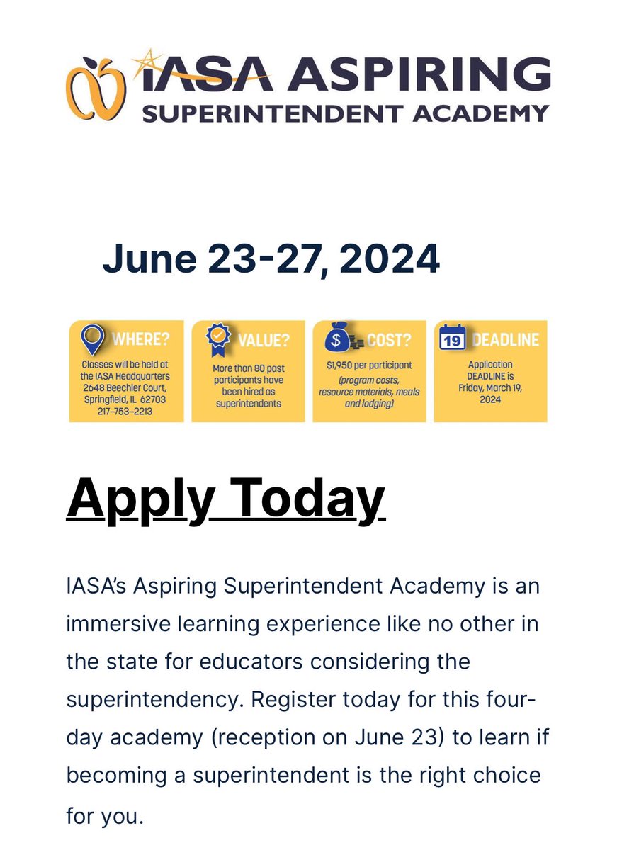 Apply today! 9th annual #ASuperWeek @IllinoisASA Aspiring Superintendent Academy! Another participant was just named superintendent! iasaedu.org/Page/302 @npolyak @drorzel
